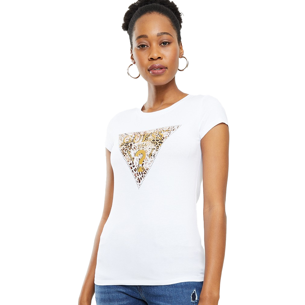 Guess Ladies Lds Ss Ghost Leopard Logo White Tee