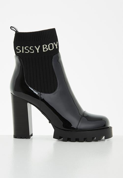 Sissy Boy Ladies Patent Socks Block Heel Black Boots